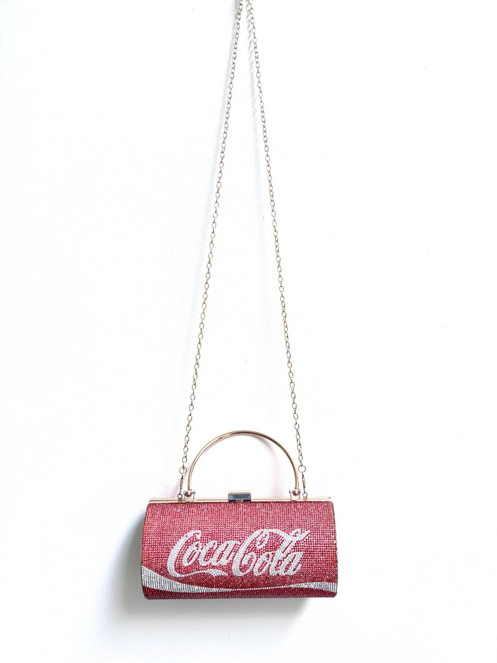 Coca Cola Red and Silver Crystal Logo Cylinder Handbag with Gold Handle + Chain